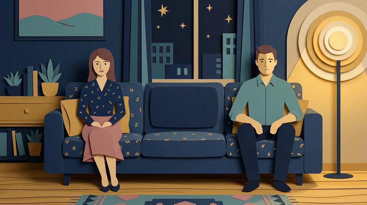 A couple at either end of a sofa